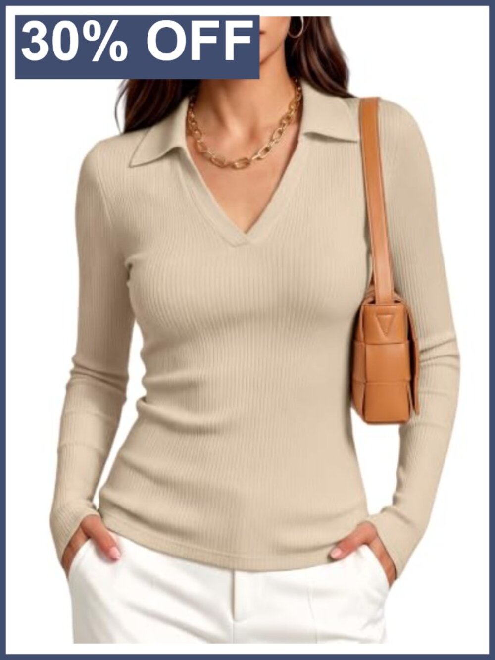 Slim Fit Long Sleeve V-Neck Ribbed Polo Shirt Business Casual Fall Top